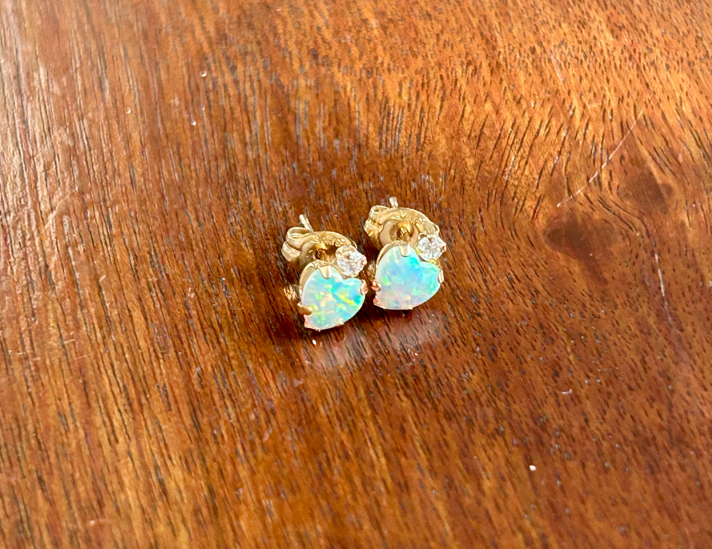 10k Yellow Gold Heart Shaped Opal Cubic Zirconia Stud Pierced Earrings