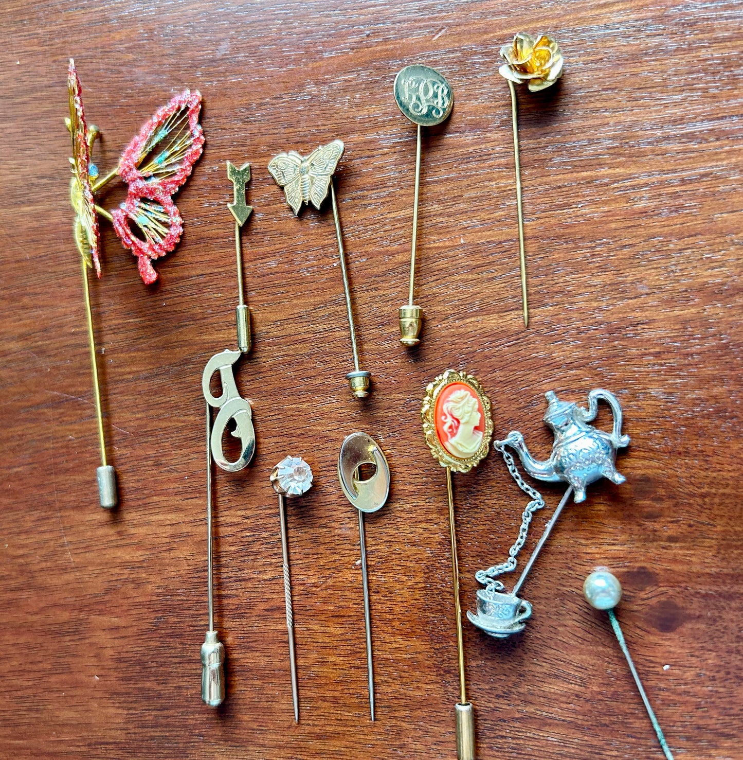 Vintage Stick Hat Pin Lot Avon Teapot Butterfly Rhinestones Cameo Rose Flowers