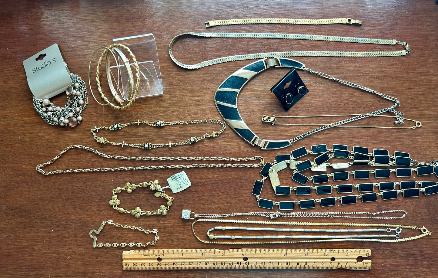 Vintage to Now Black Gold Tone Jewelry Lot Some Signed Flat Chains Bangles More