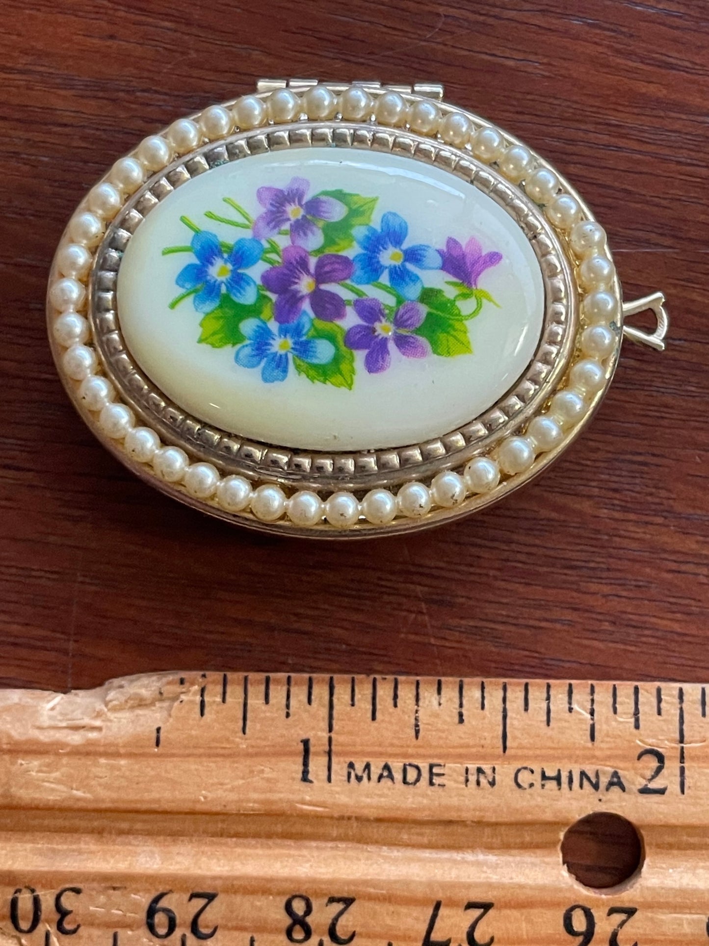 Vintage Gold Tone Porcelain Cabochon Violet Locket Pendant