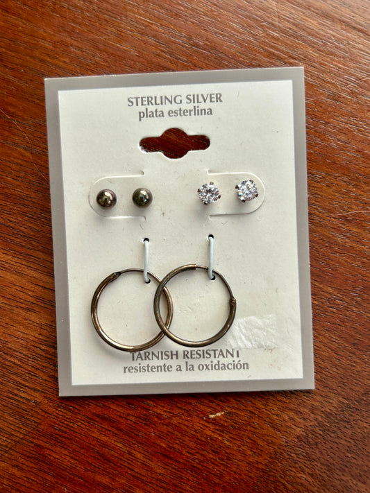 Sterling Silver 925 CZ Stud Pierced Hoop Earrings Set Ball Bead NOS