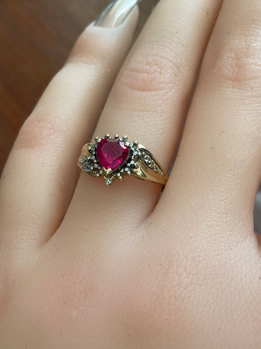 10k Yellow Gold Ring Simulated Ruby Heart with Diamond Accent Sz 7.25