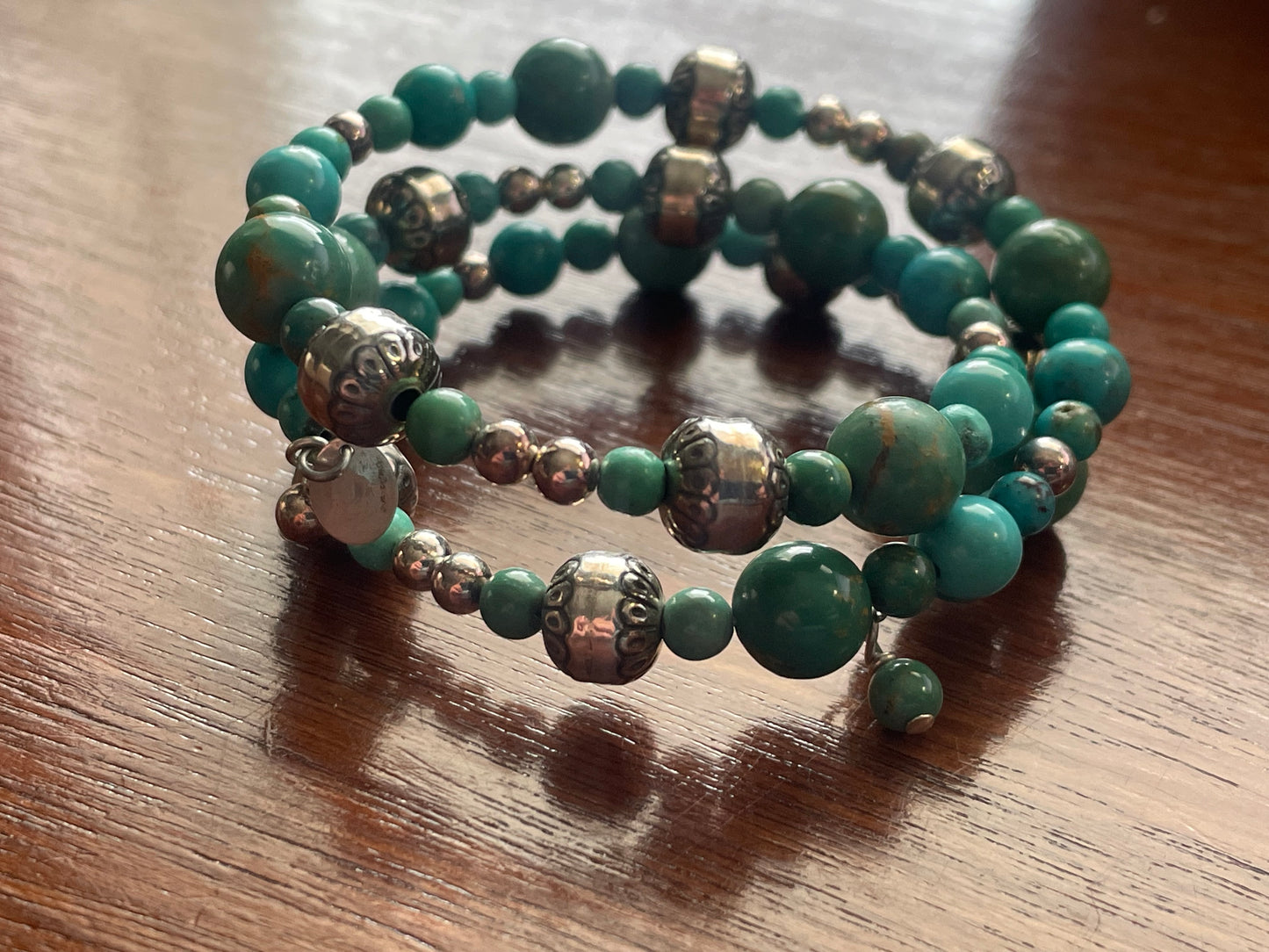 Vintage Carolyn Pollack Turquoise Wrap Coil Bracelet Beaded Sterling Silver