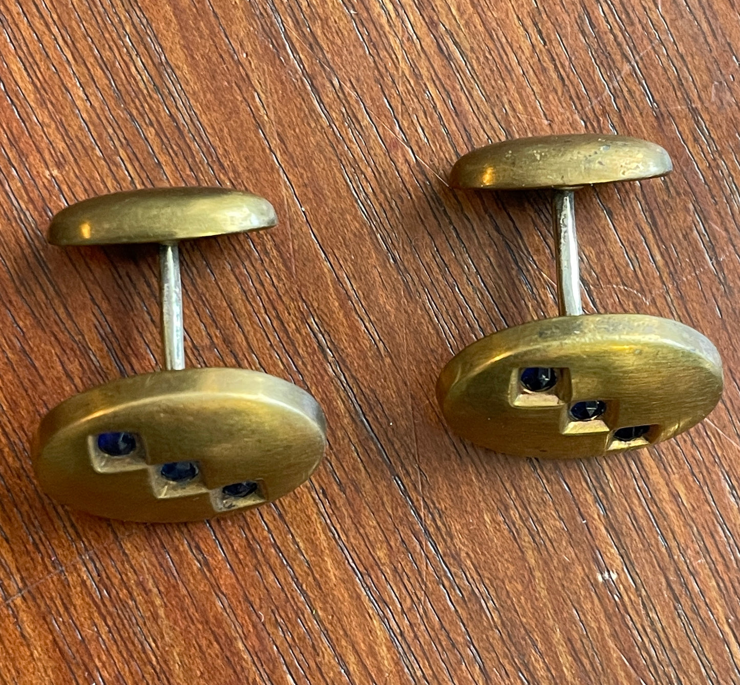 Vintage Gold Tone Art Deco Style Cufflinks Blue Stone