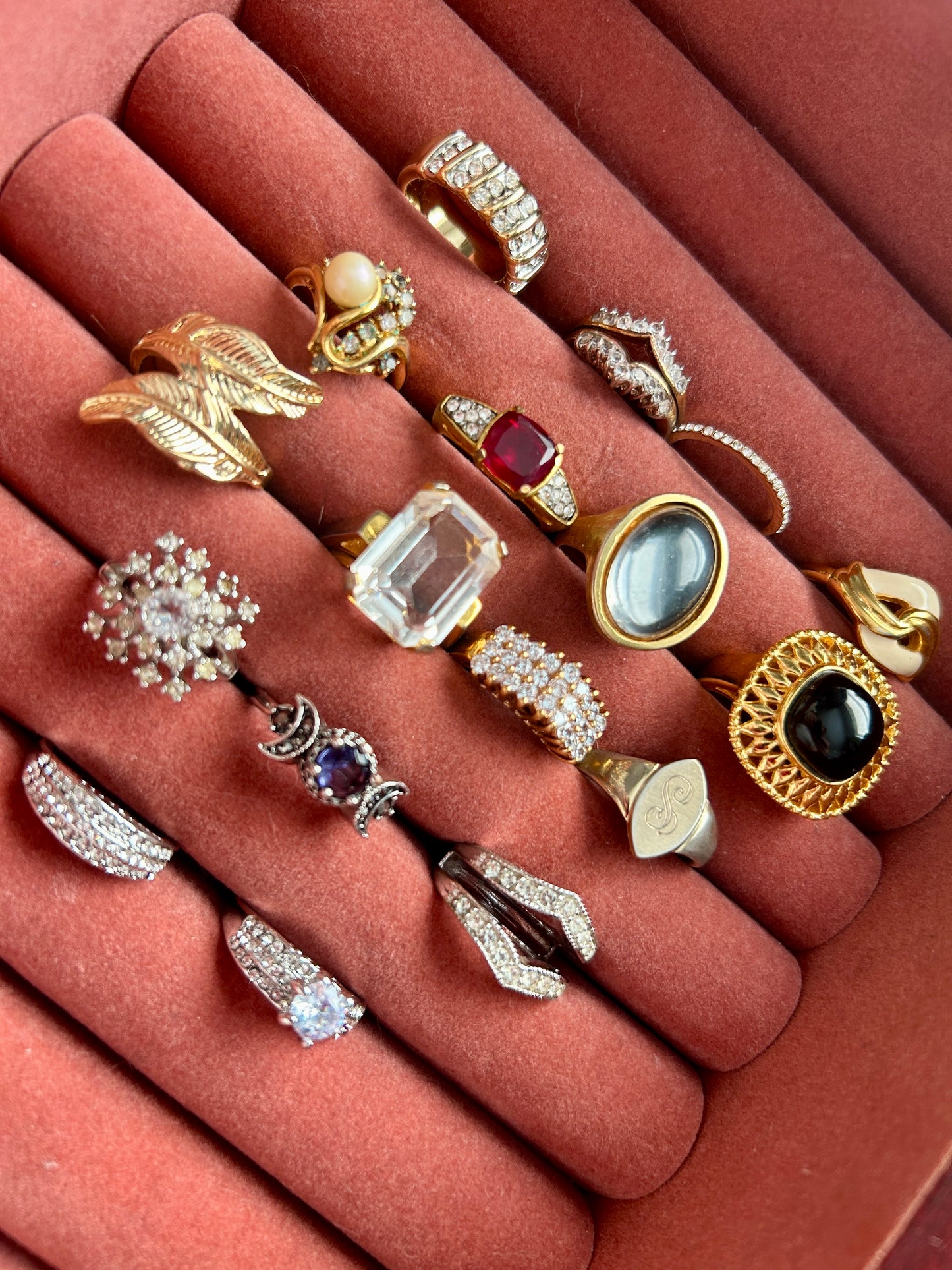 Lot of 17 Vintage to Now Costume Cocktail Rings Various Sizes Rhinestones