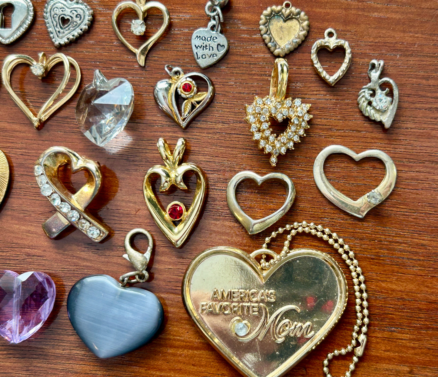 Vintage to Now Heart Shaped Pendant Charms Lot Gold Rhinestone Glass Puffy