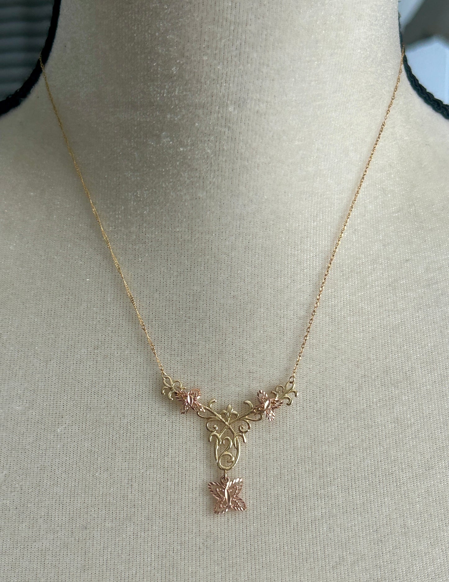 OR Designer Signed 10k Rose Yellow Gold Butterfly Filigree Chain Necklace