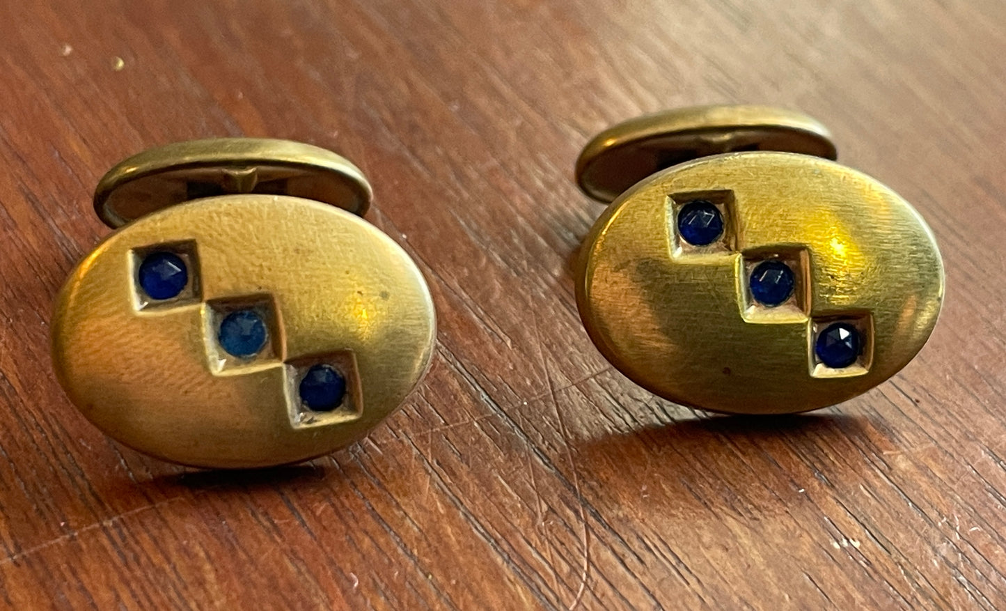 Vintage Gold Tone Art Deco Style Cufflinks Blue Stone