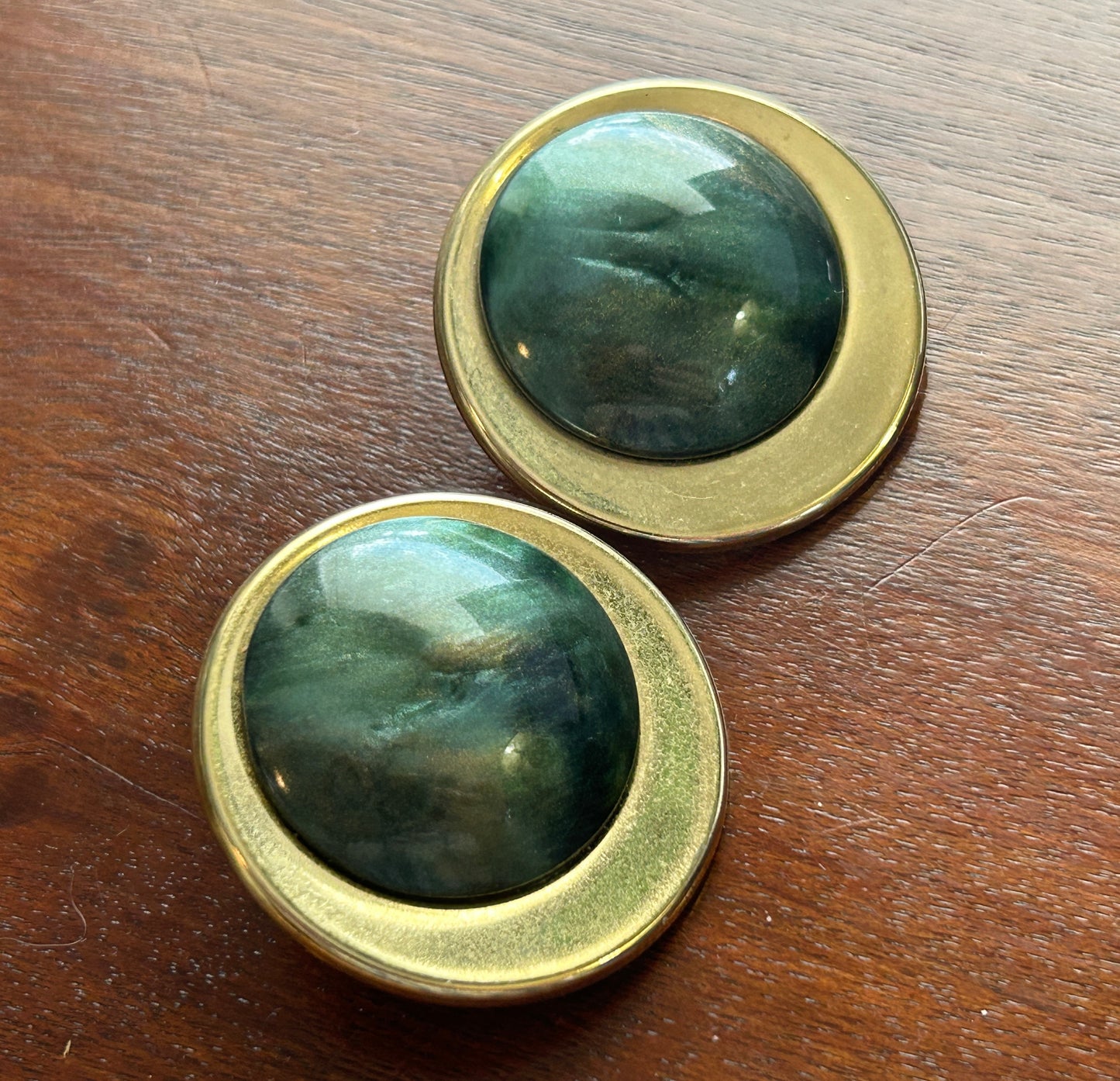 Vintage Gold Tone Green Over Sized Pierced Earrings