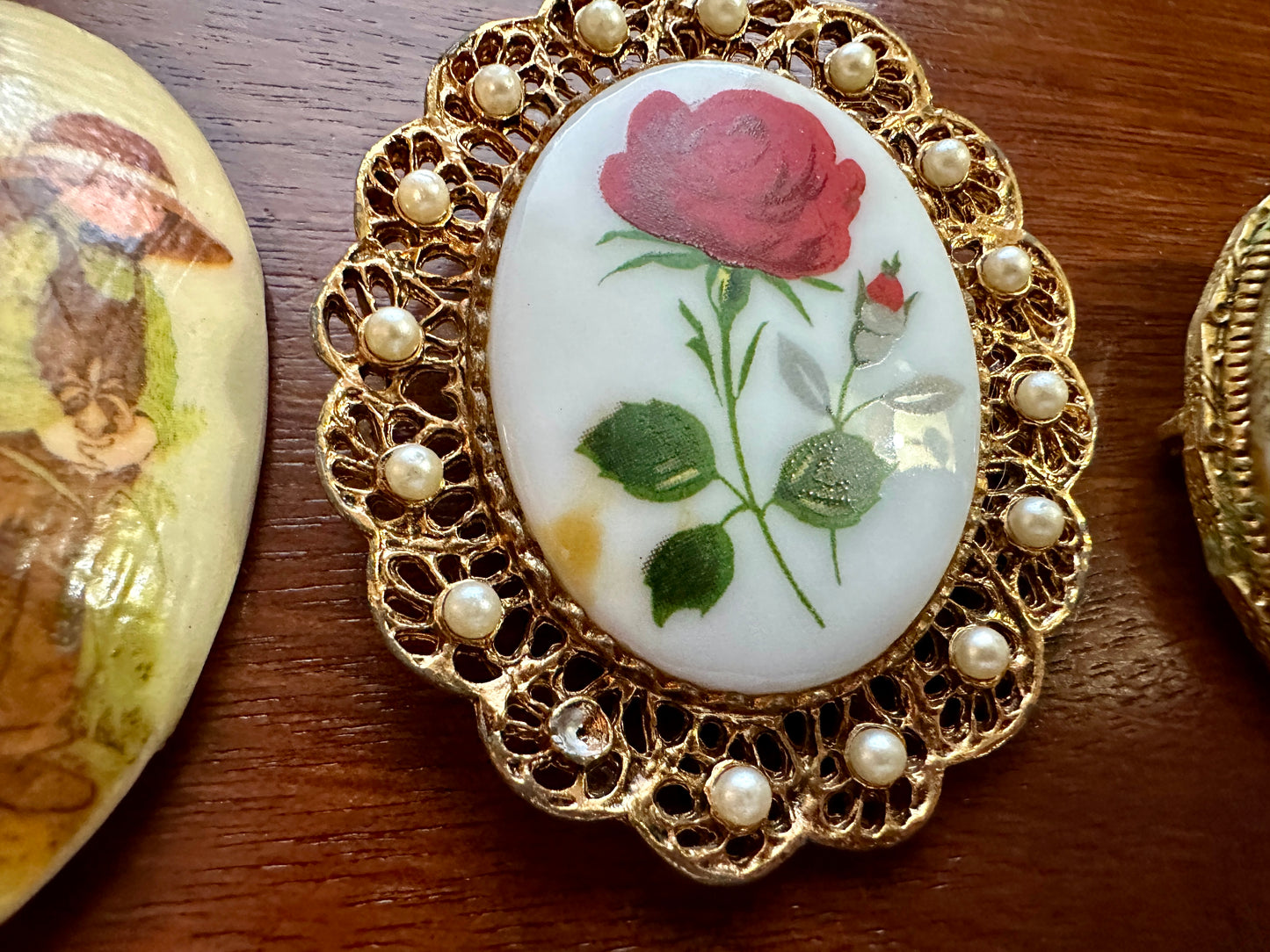 Vintage Victorian Style Portrait Regency Brooch Pin Lot Glass Painted Rose