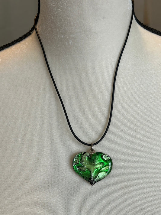 Murano Iridescent Green Black Glass Heart Pendant Necklace Cord