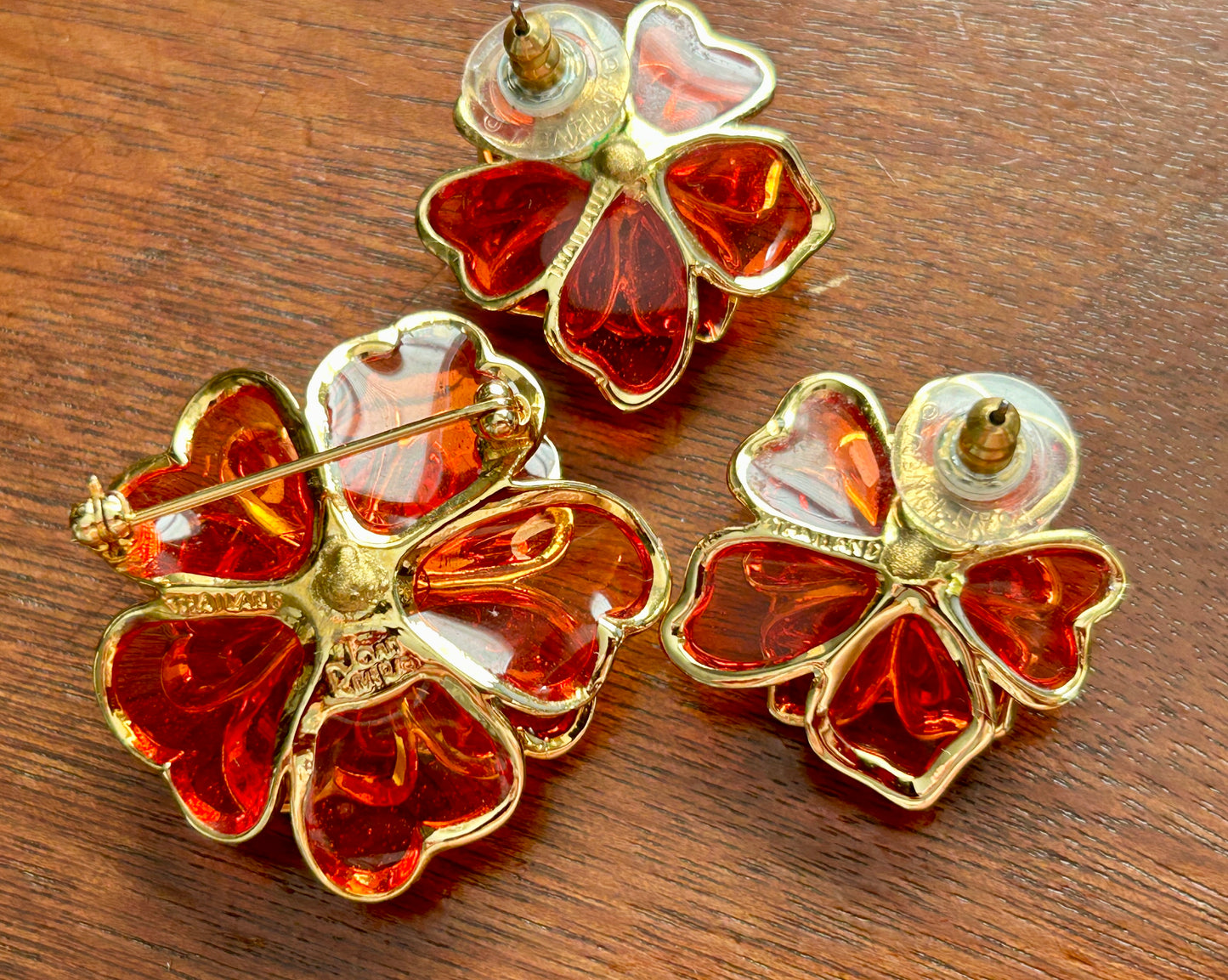 Vintage Joan Rivers Orange Glass Gripoix Flower Brooch Pierced Earrings Set