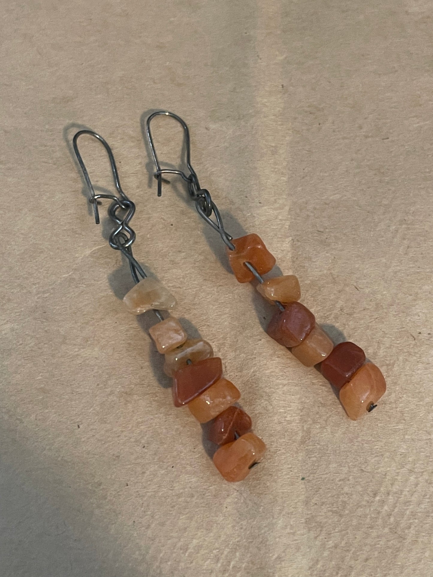 Silver Tone Amber Bead French Wire Pierced Dangly Drop Earrings