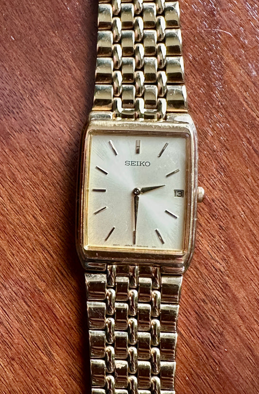 Vintage Seiko Men's Tank Quartz Watch Date Stainless Steel Gold Tone 7N39-5A39