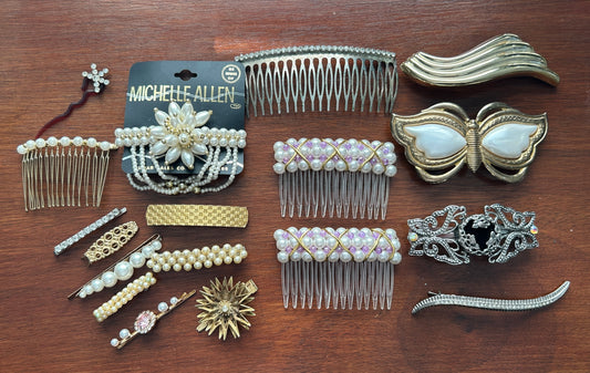 Vintage to Now Hair Accessories Lot Clips Combs Barrettes Faux Pearls Rhinestone