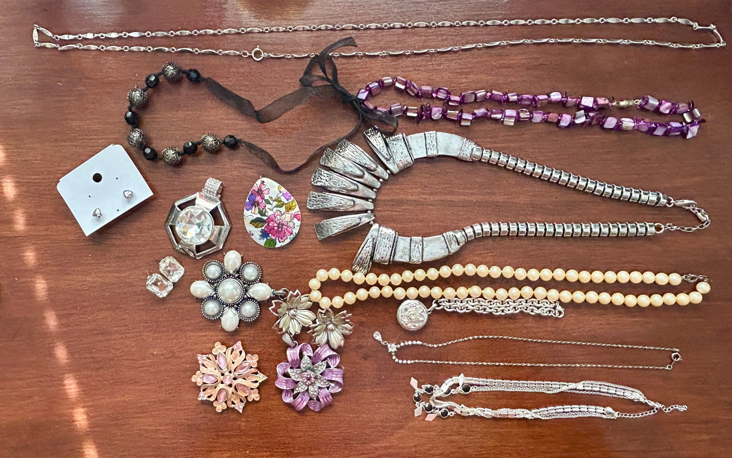 Vintage to Now Jewelry Lot Silver Purple Brooch Bead Necklace Pendants Earrings