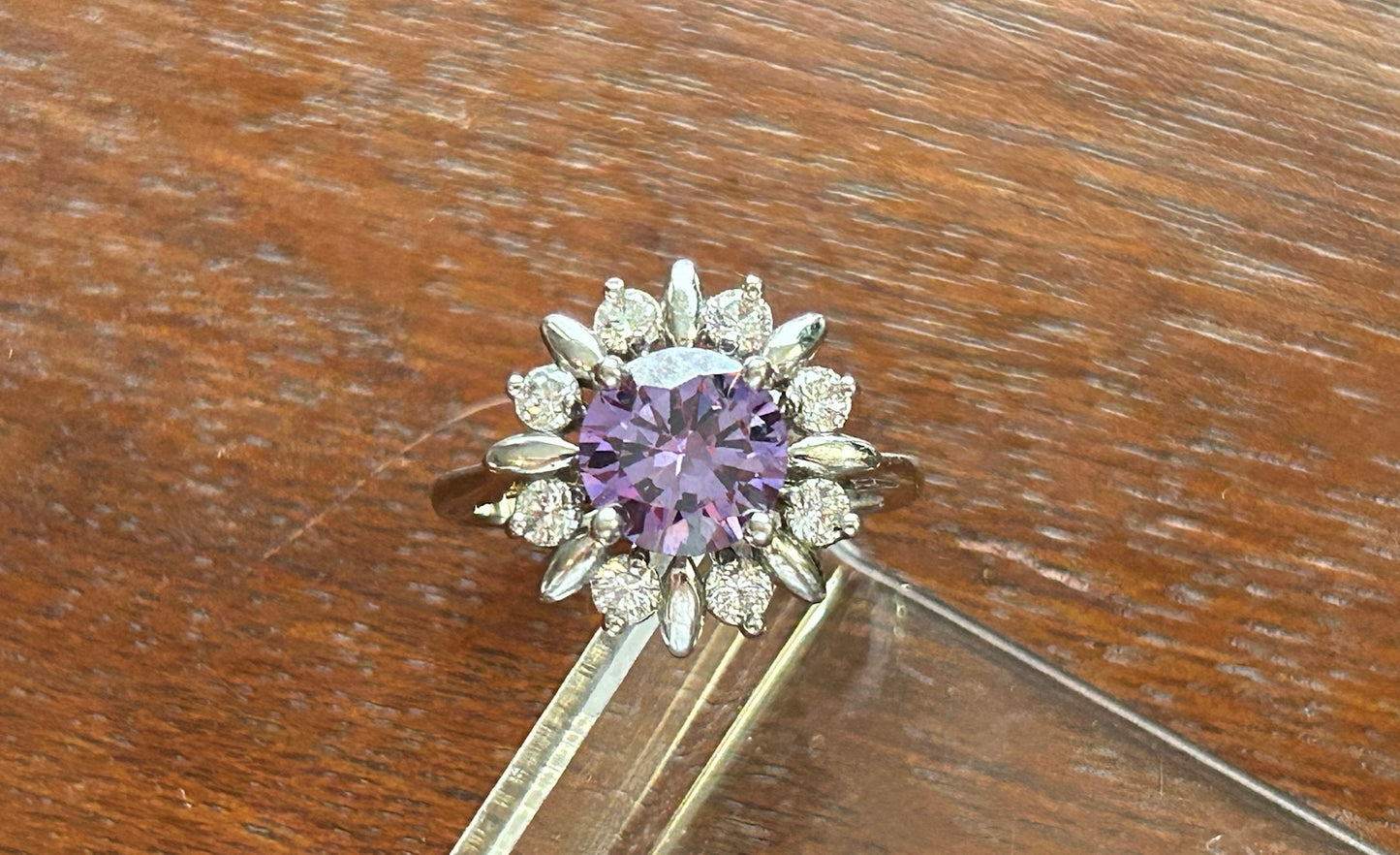 Silver Tone Purple White Rhinestone CZ Cluster Cocktail Fashion Ring S 6.75