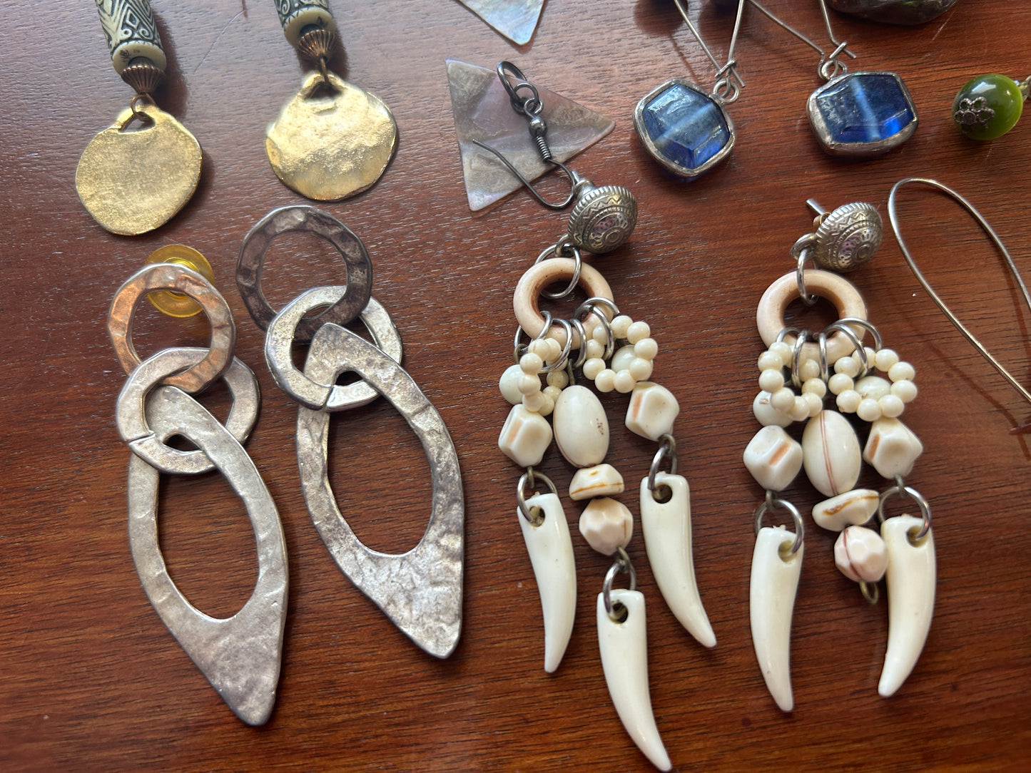 Vintage Pierced Earrings Lot Boho Wood Bead Stone Hammered Mesh Chandelier Drop