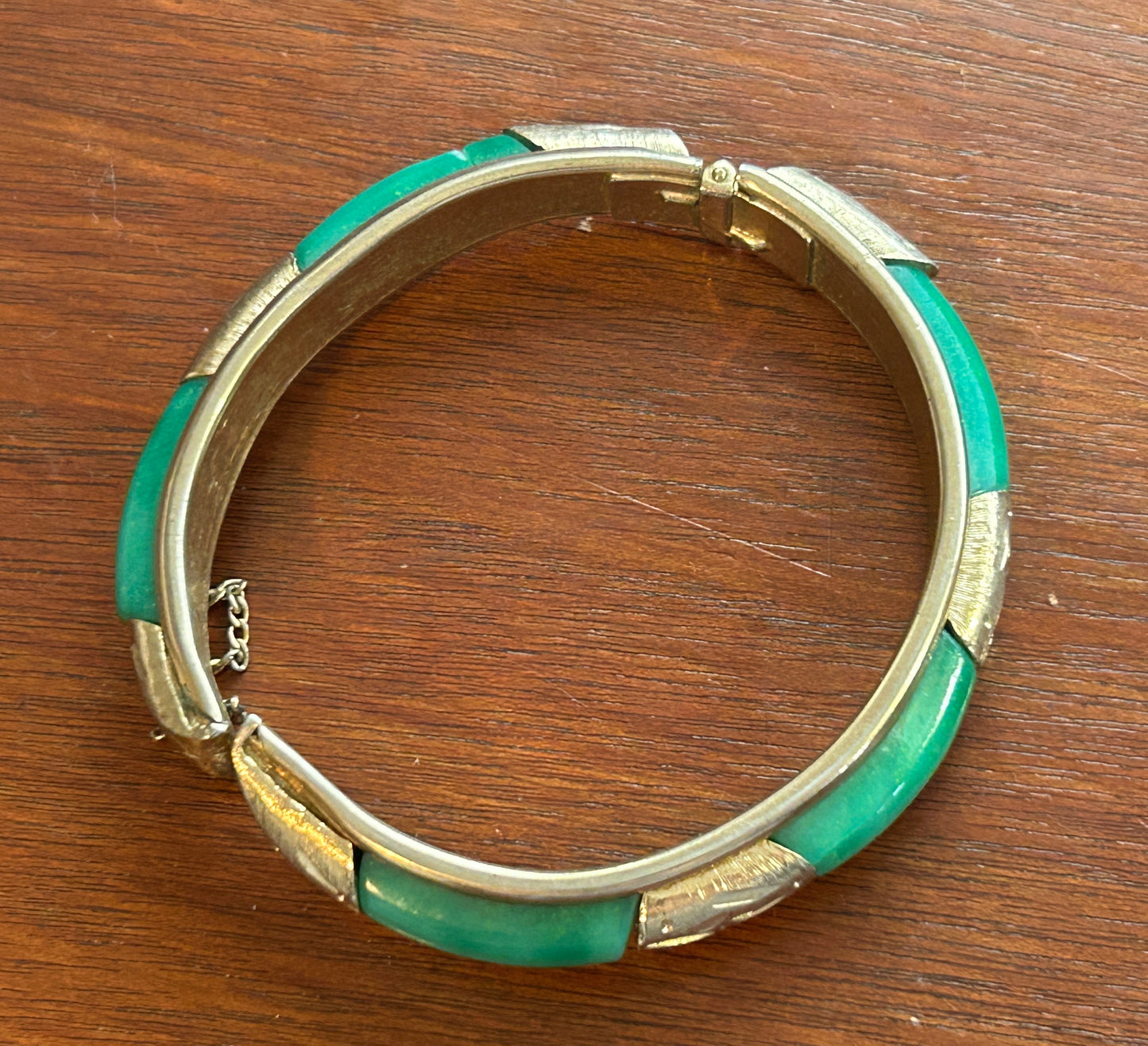 Vintage Gold Tone Glass Faux Jade Bangle Bracelet DAMAGED