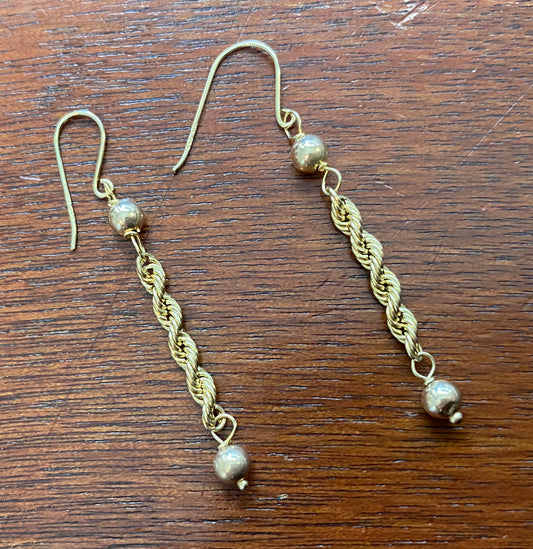 GSI 10k Yellow Gold Chain Link Bead Drop Dangly French Wire Earrings