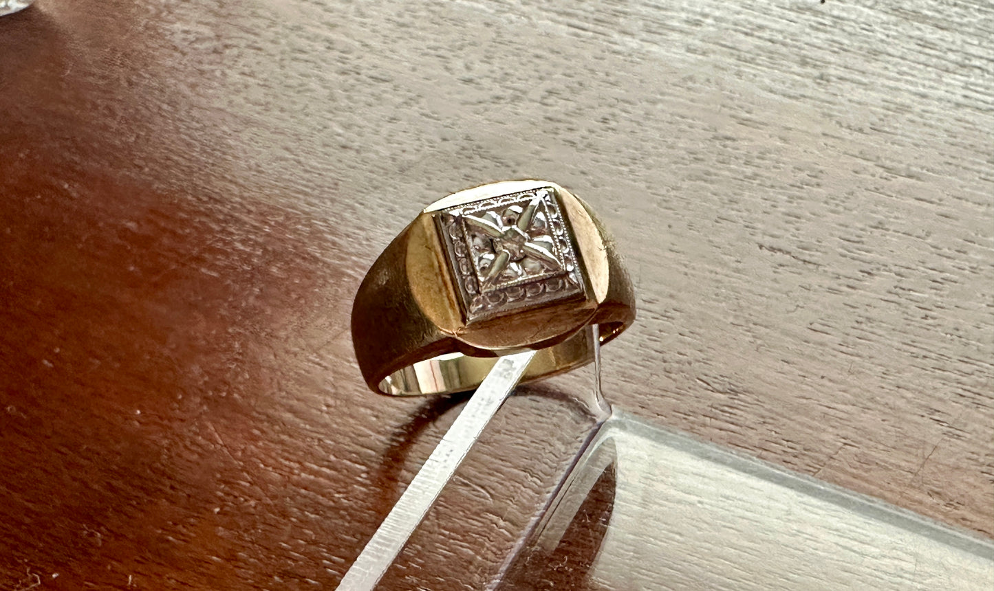 Vintage Mens 10k Yellow White Gold Diamond Signet Ring Sz 9.75