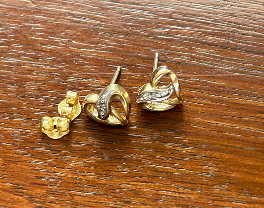 10k Yellow White Gold Diamond Accent Heart Shaped Stud Pierced Earrings