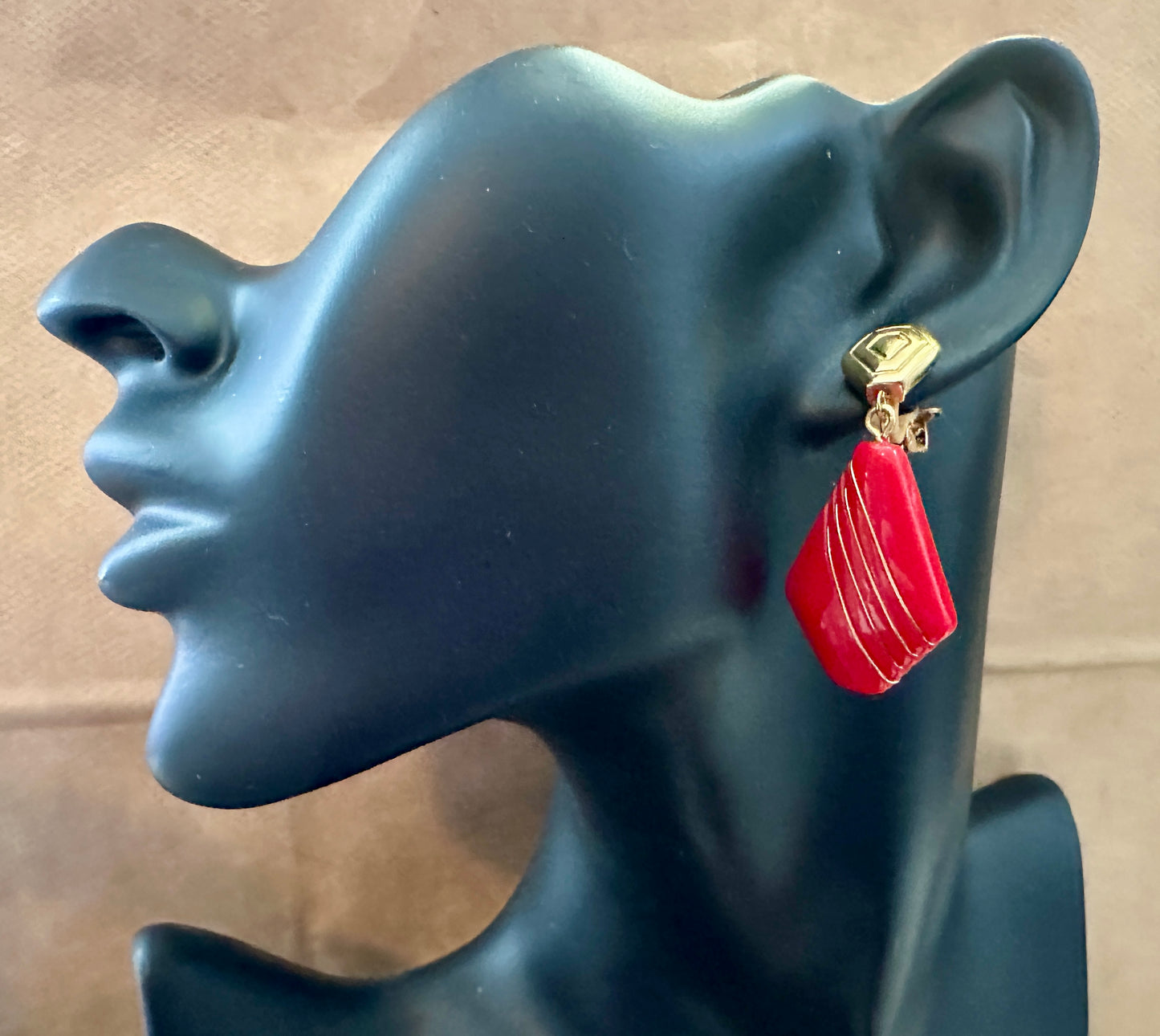 Vintage Signed Trifari Gold Tone Red Plastic 80's Clip on Earrings