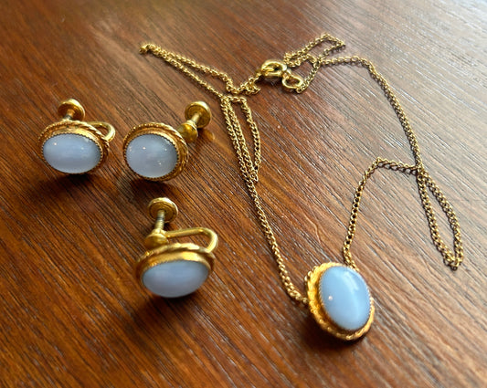 Vintage 12k Yellow Gold Filled Blue Moon Glow Pendant Necklace Earrings Set