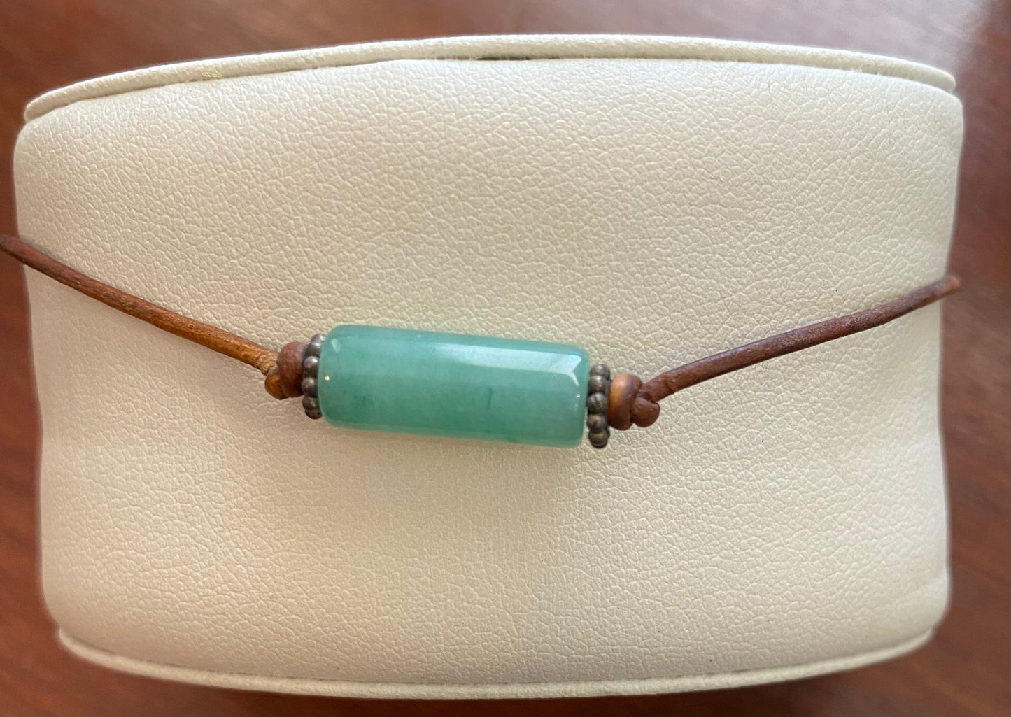 Green Jade Bead Brown Leather Cord Bracelet Adjustable