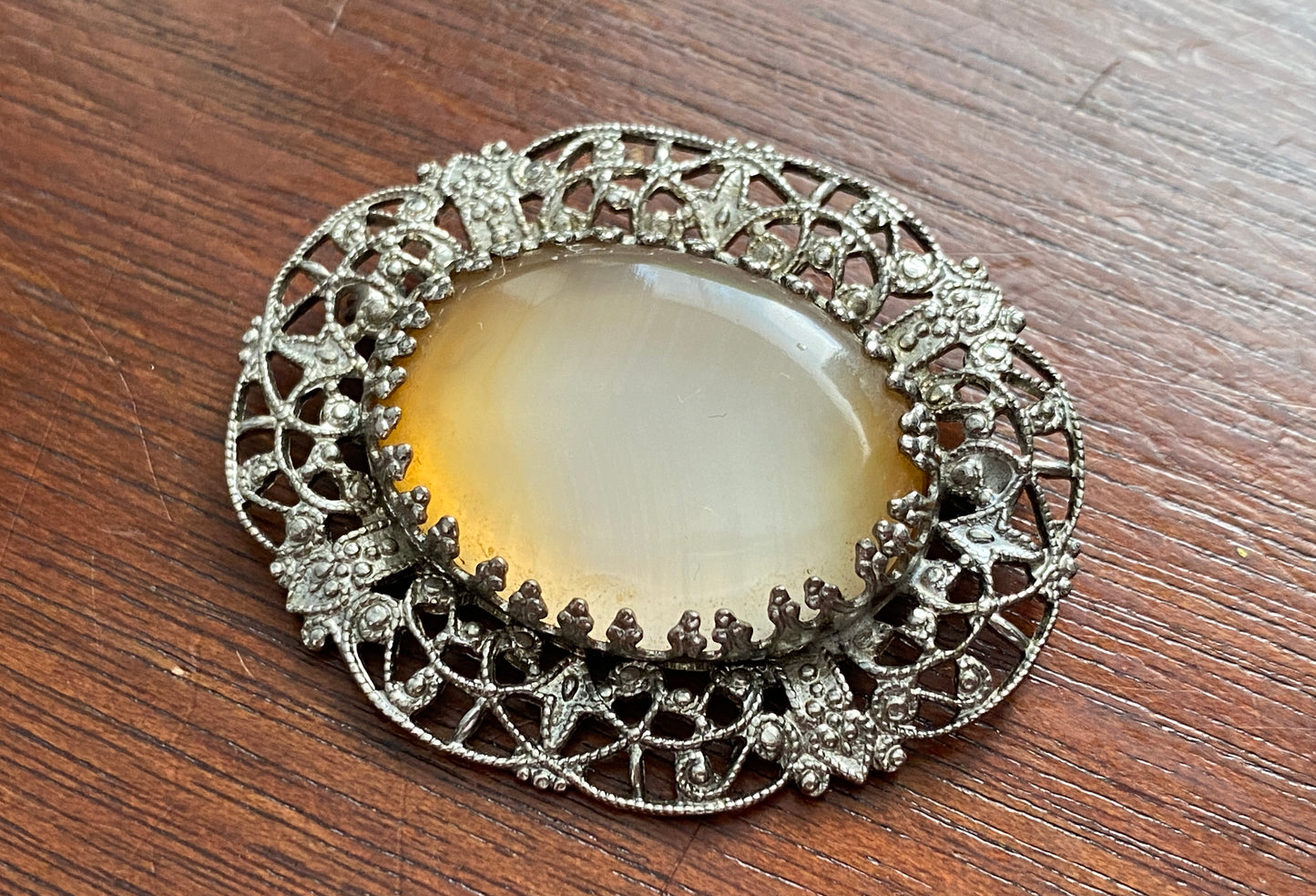 Vintage Silvertone Givre Glass Moonstone Cabochon Brooch