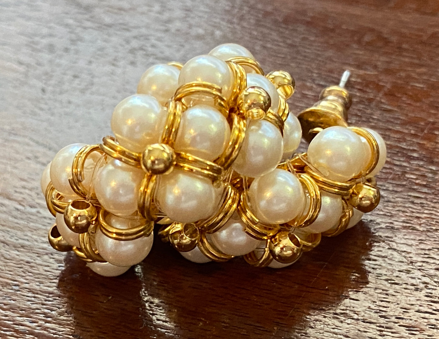 Vintage Gold Tone Faux Pearl Bead Hoop Pierced Earrings