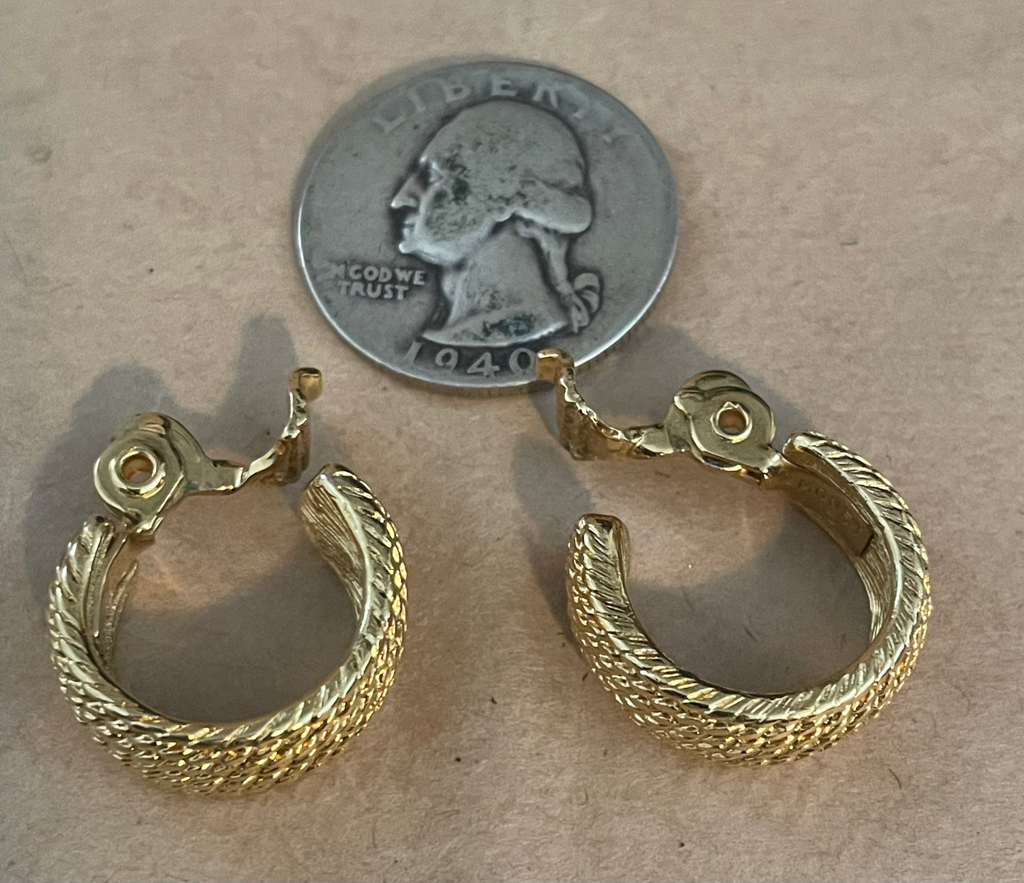 Vintage Gold Tone Monet Rope Design Clip on Hoop Earrings