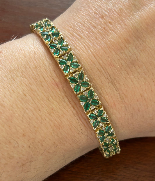 Signed BITA 14k Yellow Gold Marquise Emerald Diamond Accent Tennis Bracelet