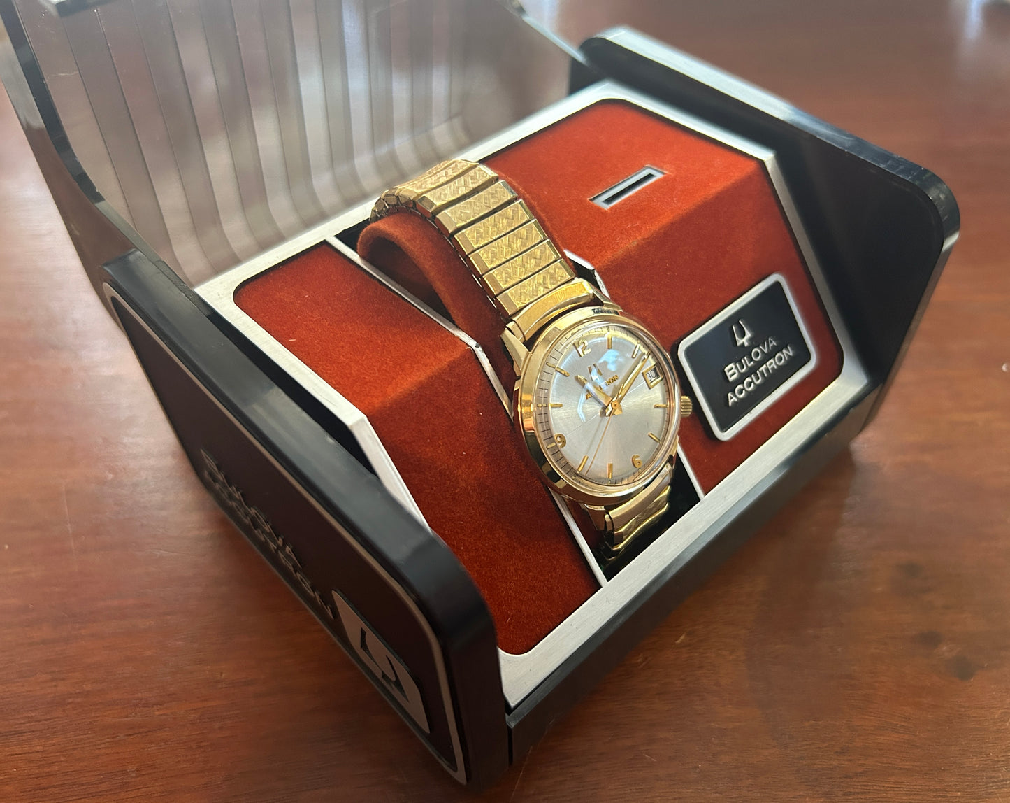 70's Bulova Accutron 10k Rolled Gold Plate Stearns Foster Quartz Wristwatch Box