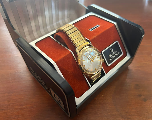 70's Bulova Accutron 10k Rolled Gold Plate Stearns Foster Quartz Wristwatch Box