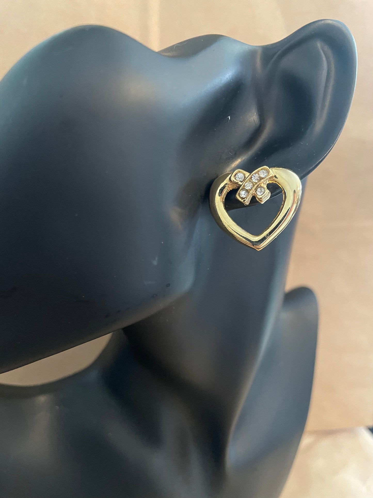 Vintage Gold Tone Rhinestone Heart Cutout Pierced Earrings