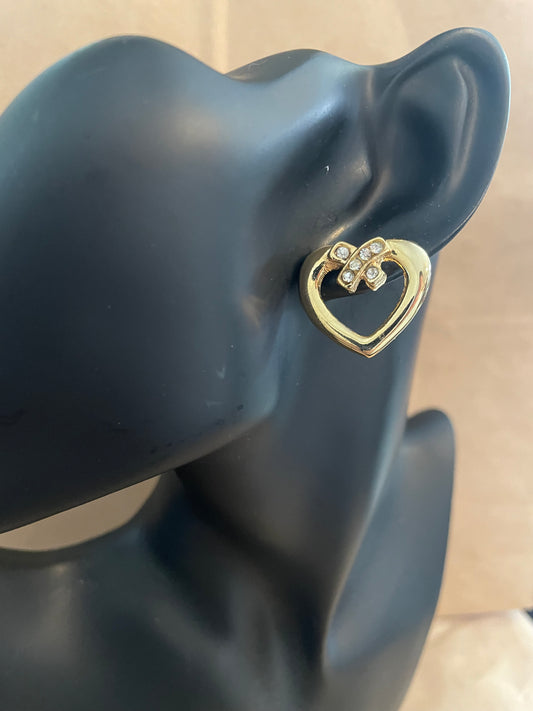 Vintage Gold Tone Rhinestone Heart Cutout Pierced Earrings