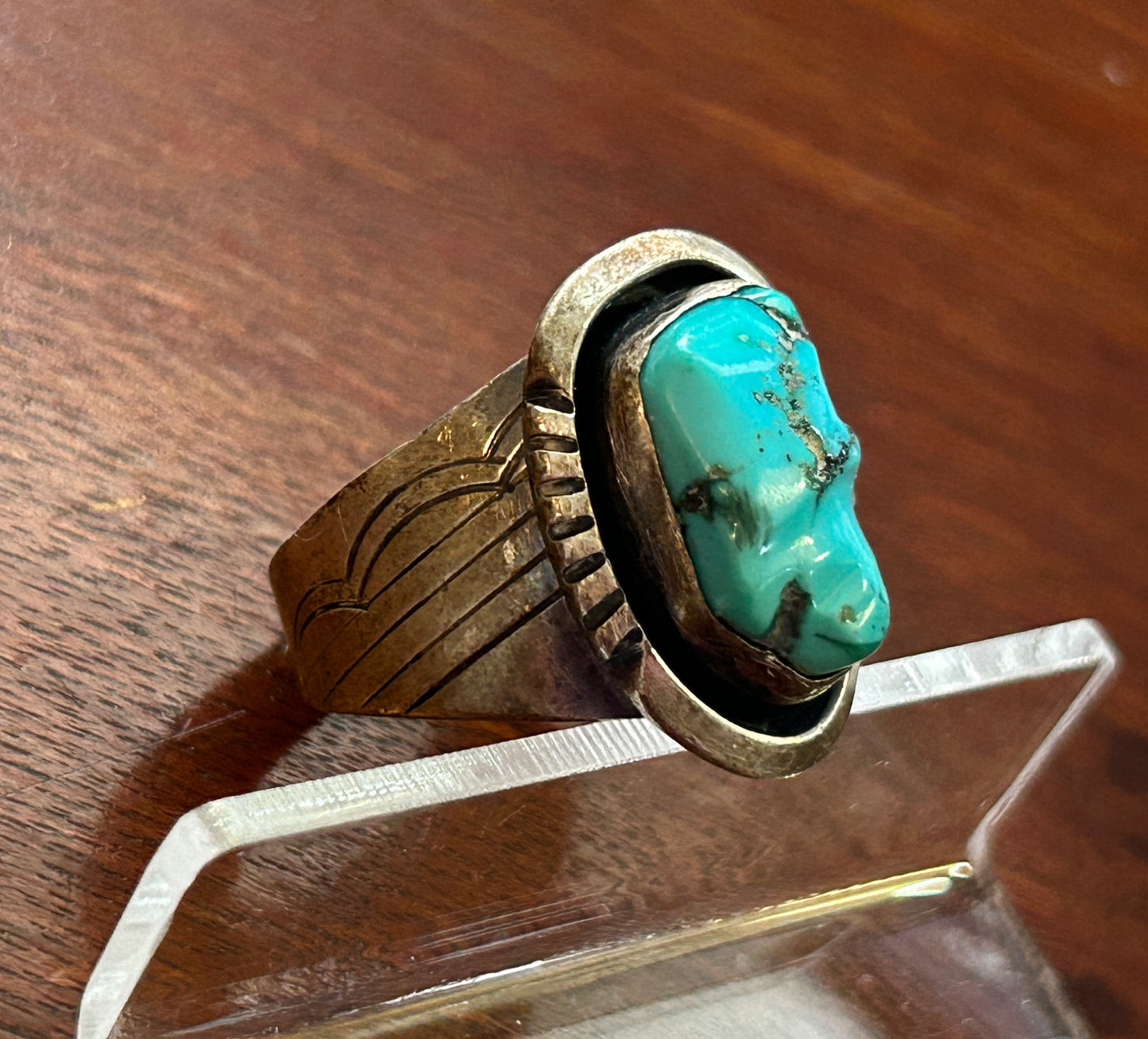 Vintage W Denetdale Navajo Mens Sterling Silver Turquoise Ring Sz 10.75