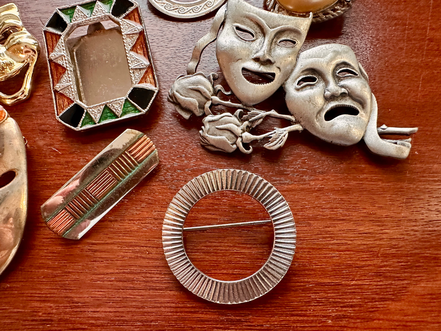 Vintage Art Deco Style Brooch Pin Lot Mask Theater Enamel Frame Silver Copper