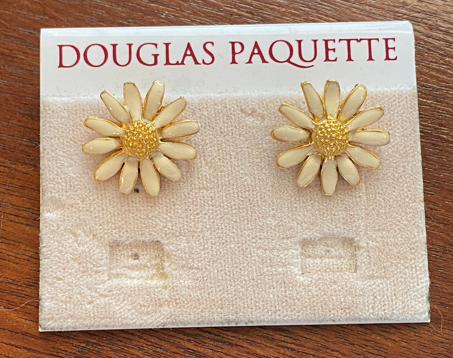 Douglas Paquette Enamel White Yellow Daisy Flower Pierced Earrings