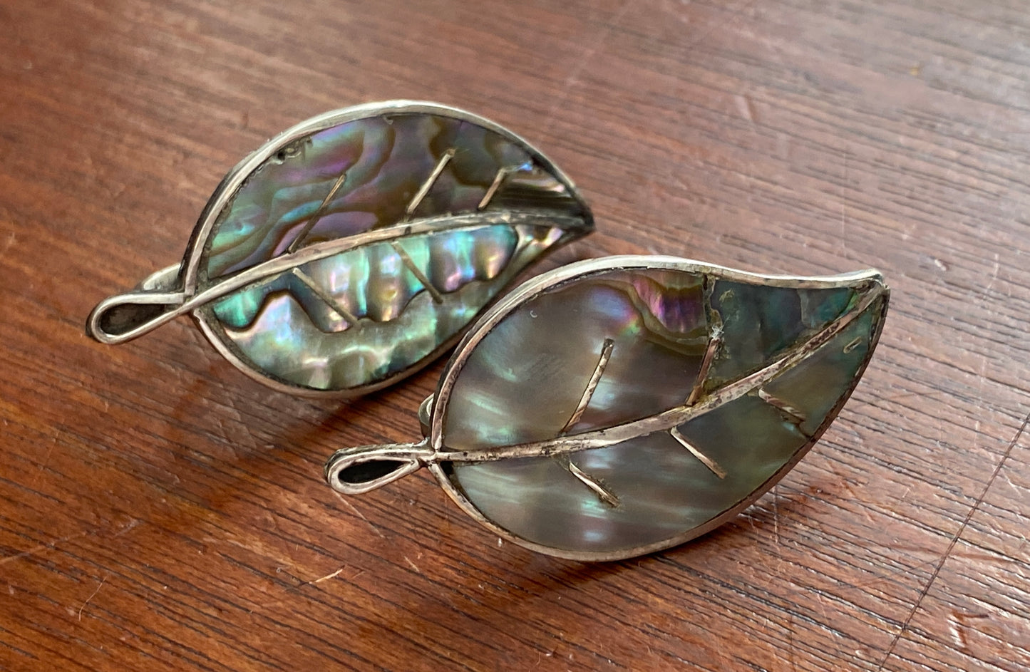 Vintage Taxco Sterling Silver 925 Abalone Inlay Leaf Screwback Earrings