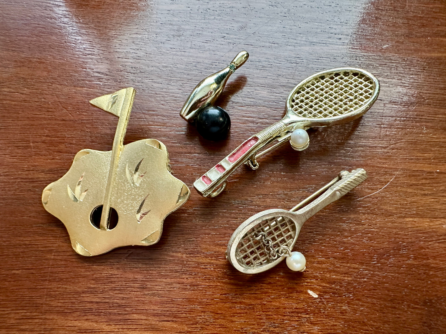 Vintage Sports Brooch Pin Lot Brooches Golf Tennis Bowling Avon Gold Tone Enamel