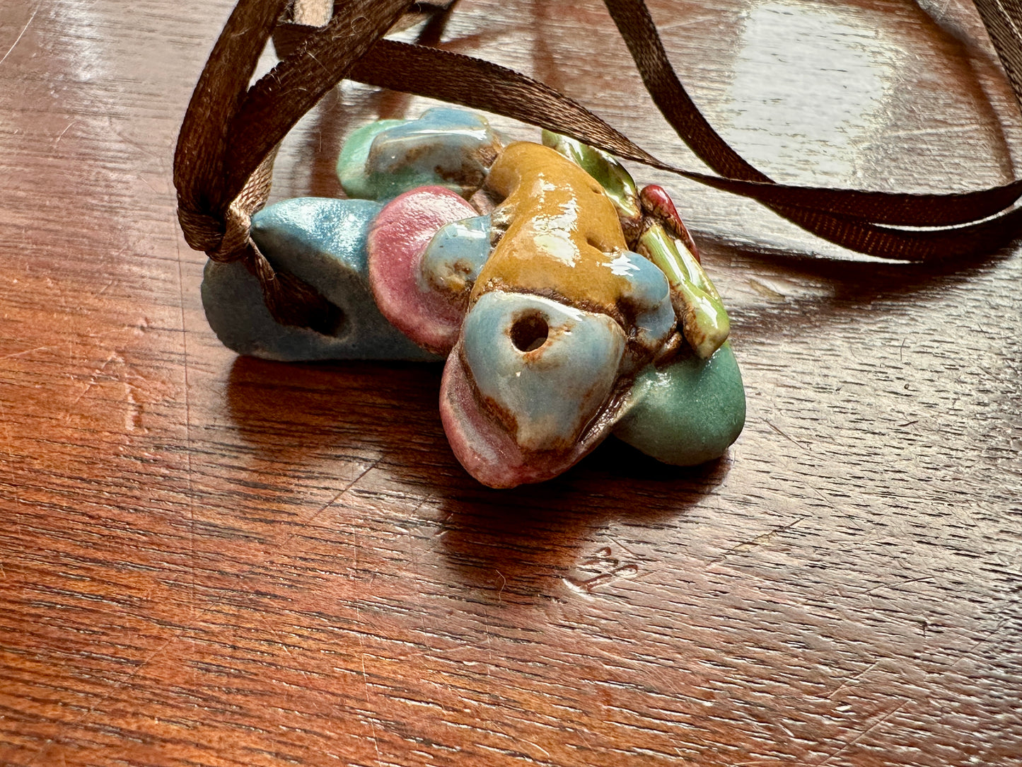 Vintage Glazed Ceramic Art Pierced Pendant Pastel Fish Necklace Pendant