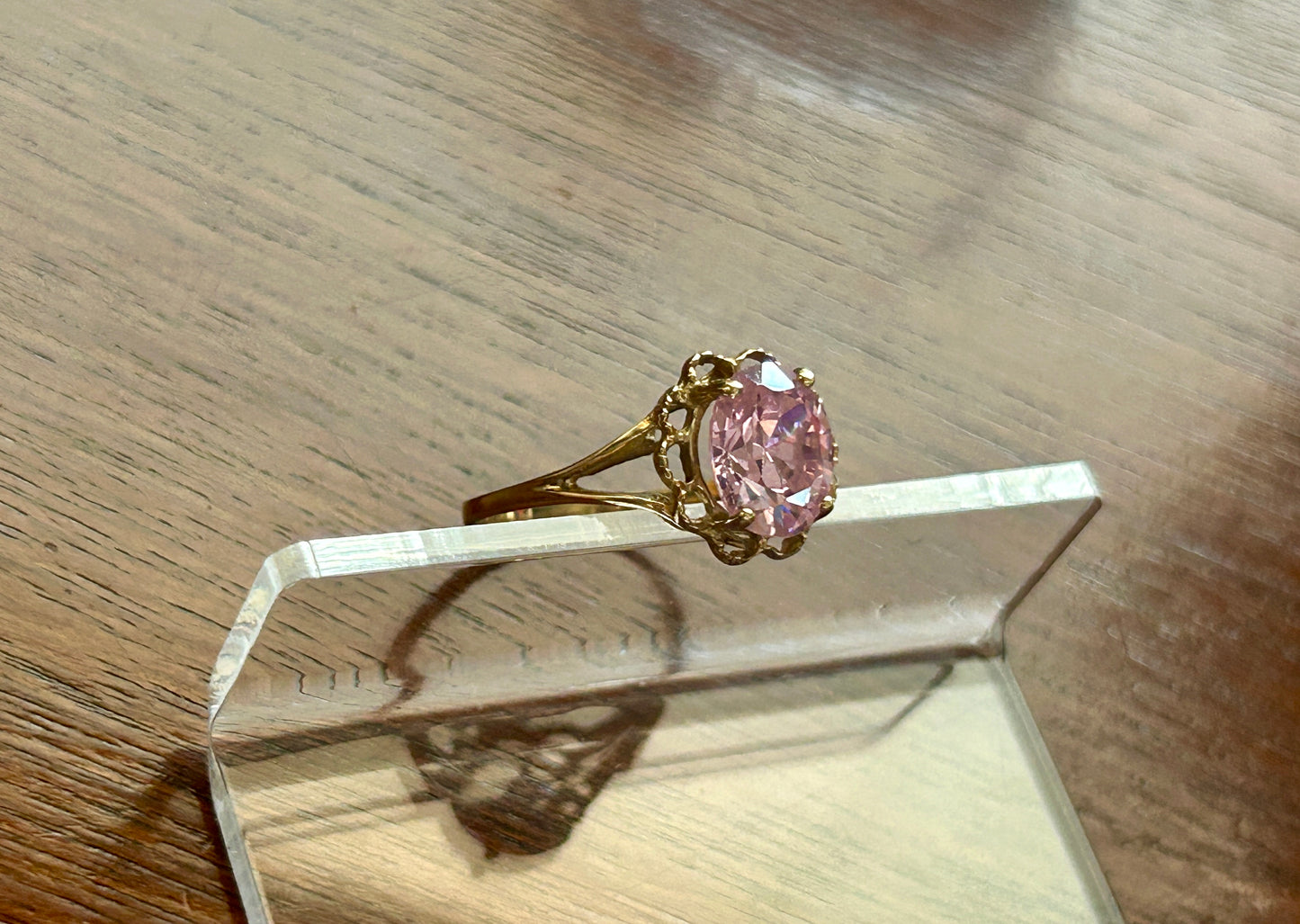 10k Yellow Gold Large Pink CZ Stone Ring Sz 8.75