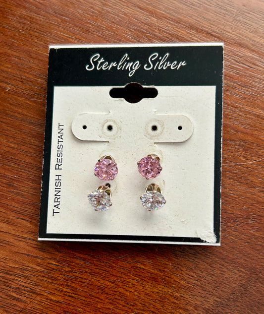 Sterling Silver 925 White Pink Round CZ Cubic Zirconia Stud Earring Set