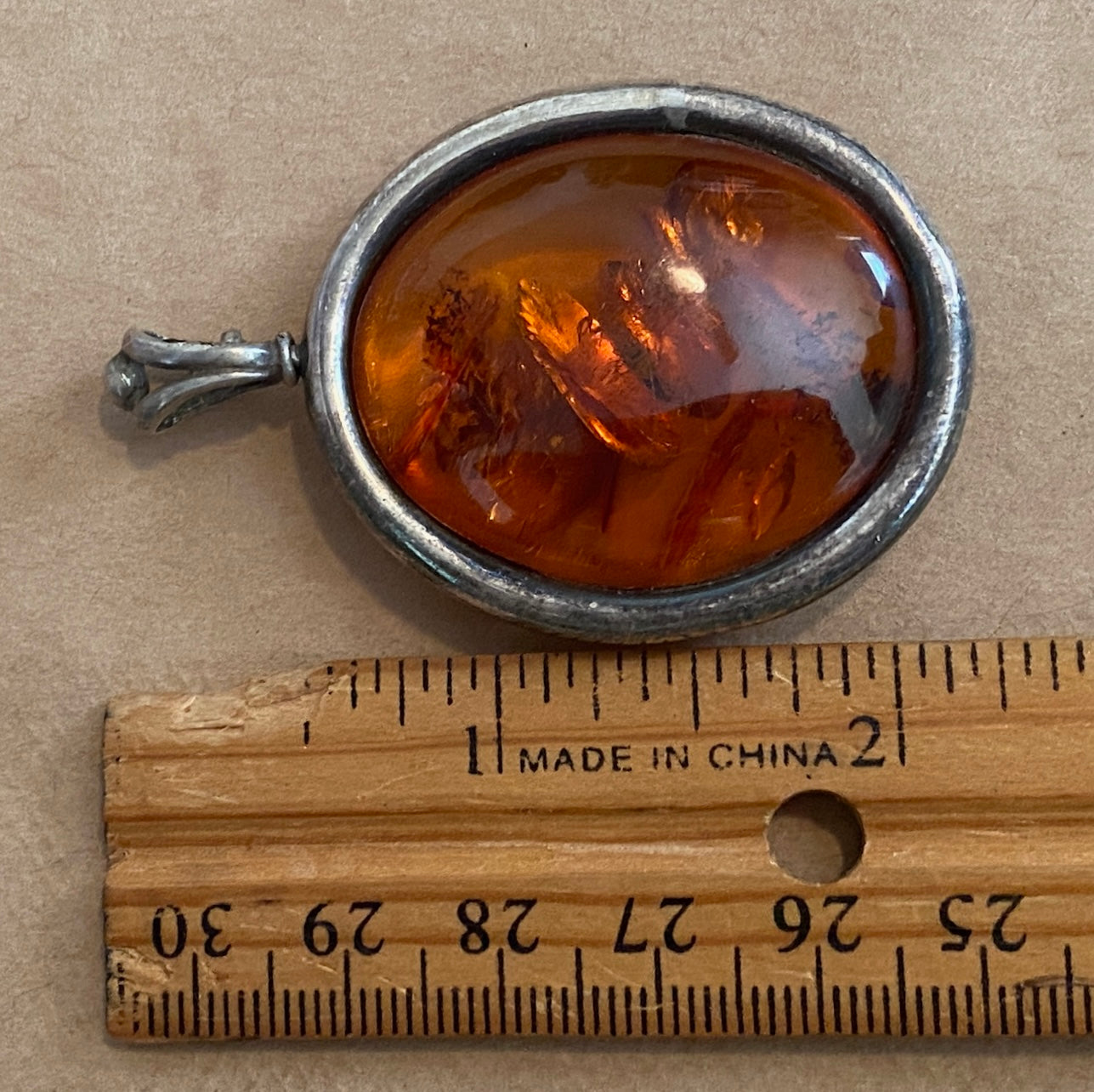 Sterling Silver 925 Amber Cabochon Necklace Pendant