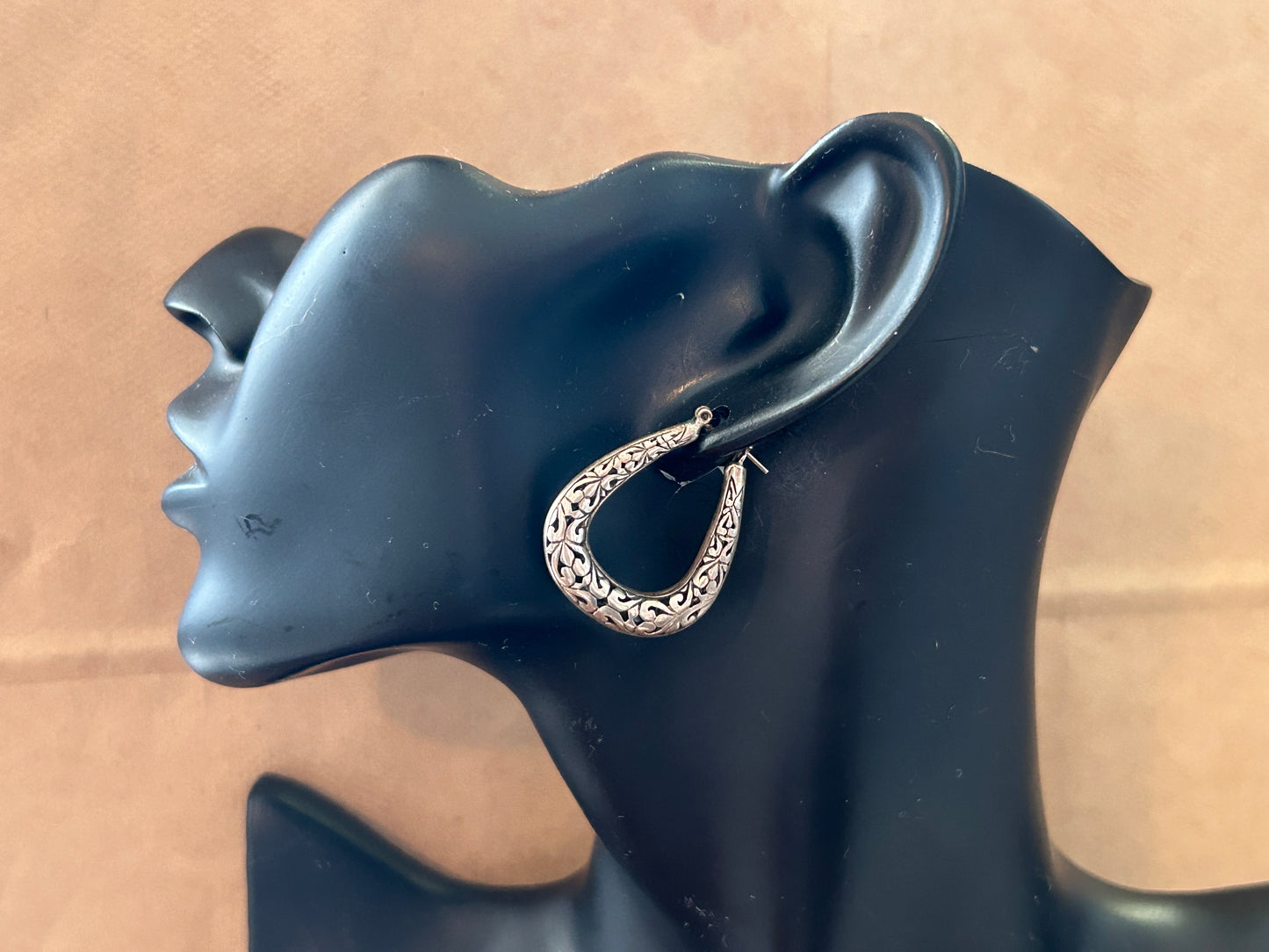 Silver Tone Filigree Open Work Pierced Hoop Earrings