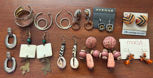 Vintage to Now Boho Artist Pierced Earrings Wood Glazed Beads Shell Malachite
