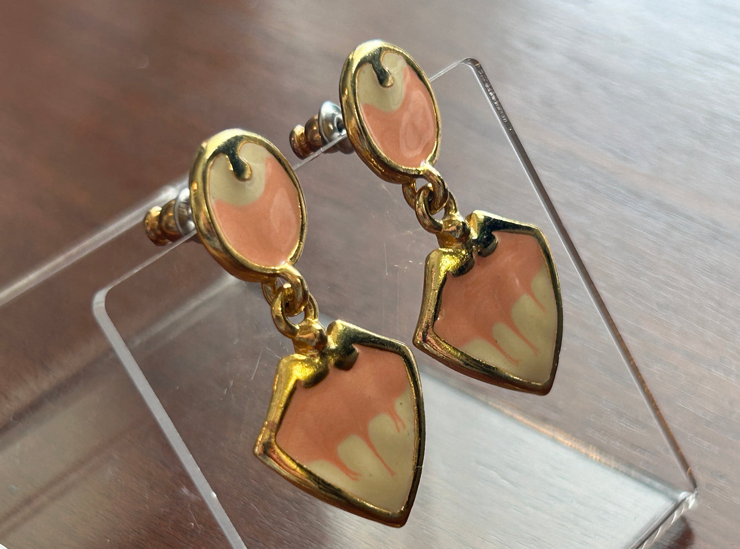 Vintage Gold Tone Enamel Pink Cream Drop Dangly Pierced Earrings