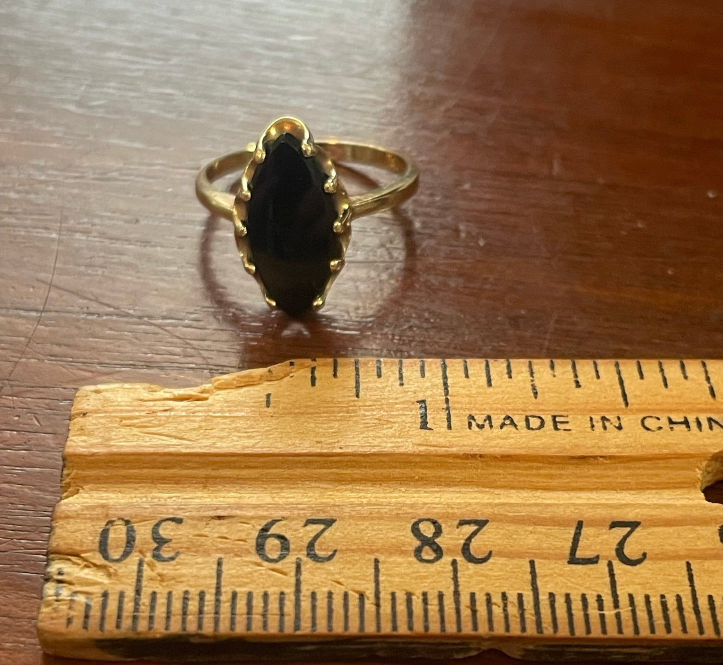 Designer AJA 10k Yellow Navette Black Onyx Stone Prong Ring Sz 5.75
